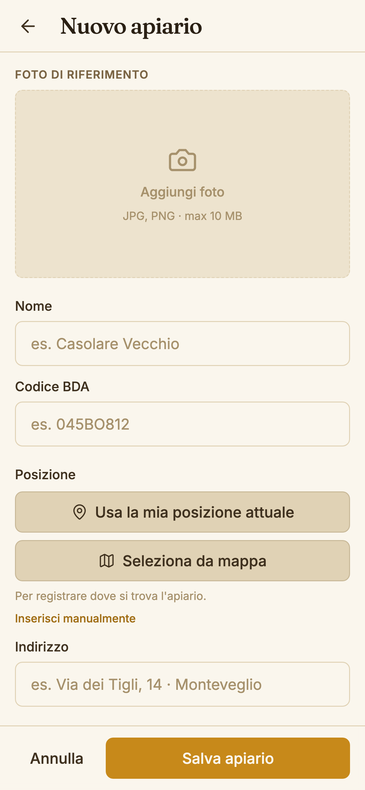 Form creazione nuovo apiario