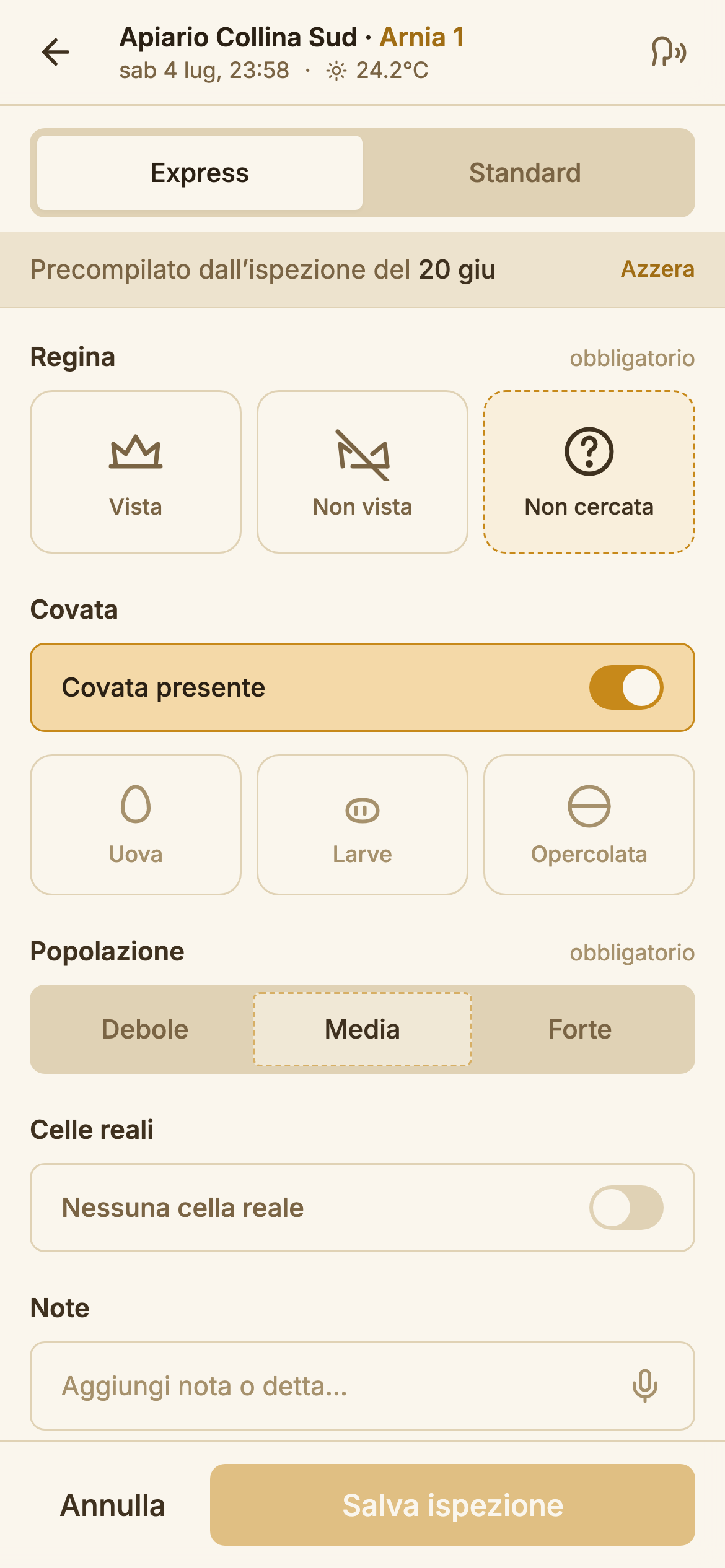 Form nuova ispezione — covata e scorte