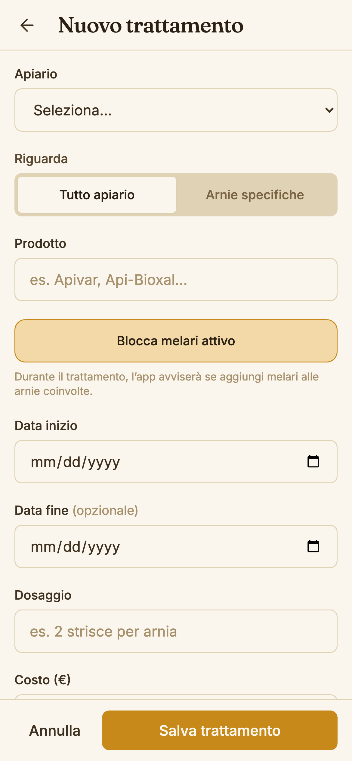 Form nuovo trattamento — dettagli aggiuntivi